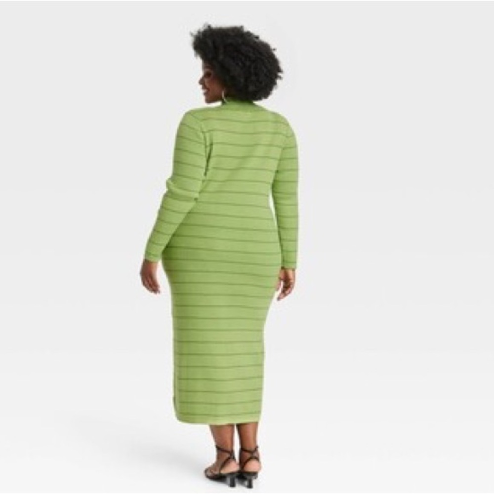 Size S Chic Green Striped Long Sleeve Dress